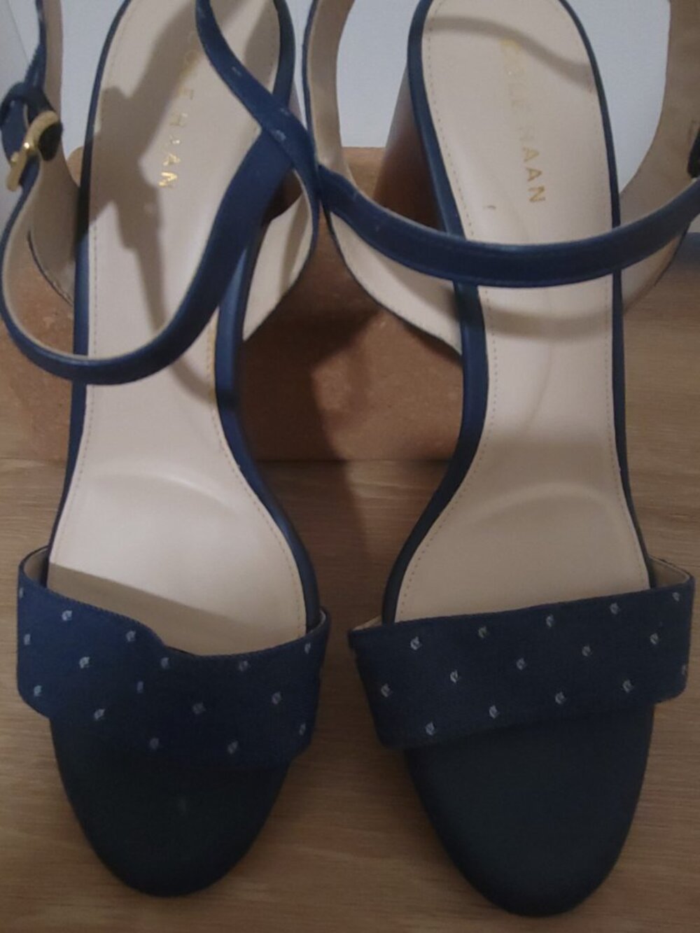 Cole Haan Denim Polka Dot Block Heels - Navy/Brown - Size 8 - Like New - Picture 3 of 5